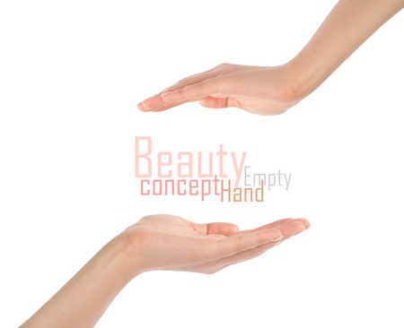 Close-up of beautiful woman's hand, palm up. Isolated on white backgroundの写真素材