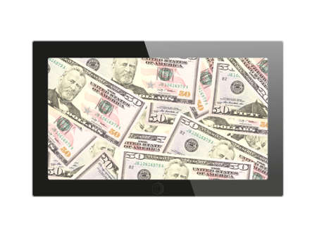 Tablet pc with dollars isolated on whiteの写真素材