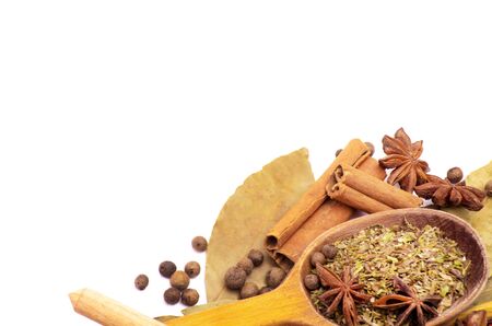 Spices border isolated on whiteの写真素材