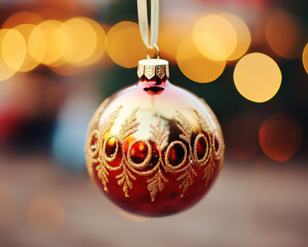 Elegant Red and Gold Christmas Bauble Hanging Against a Festive Blurred Background of Lightsの素材