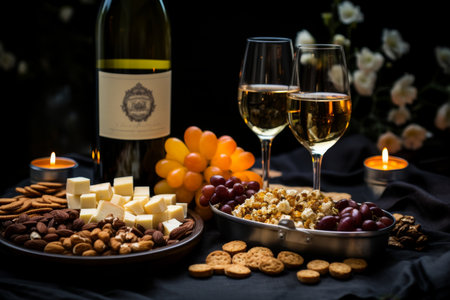 Wine, Cheese, and Gourmet Snacks An Elegant Still Life of Evening Indulgence on a Dark Backgroundの素材