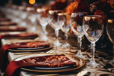 Elegant Dinner Table Setting with Gold Trimmed Glassware and Red and Gold Decor, Event Decoration.の素材