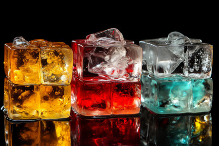 Red, Yellow, and Blue Cocktails Garnished with Ice Cubes, Isolated on Black Studio Backgroundの素材