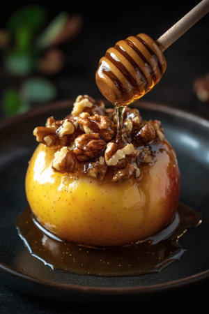 A plate of a dessert with a spoonful of honey on top. The dessert is a fruit with nutsの素材