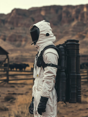 A man in a white spacesuit is standing in a field. He is wearing a backpack and has a helmet on his headの素材