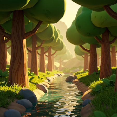 Fantasy landscape with river and green trees. 3D illustration.の素材