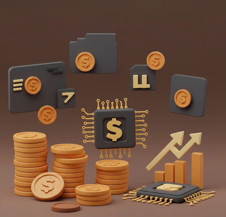 3d illustration of money and business icon set over brown background.の素材
