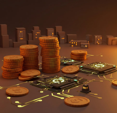 3d illustration of city with coins and circuit board over brown backgroundの素材