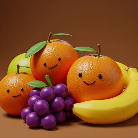 Funny fruits with smiley faces, on brown background, 3d renderの素材