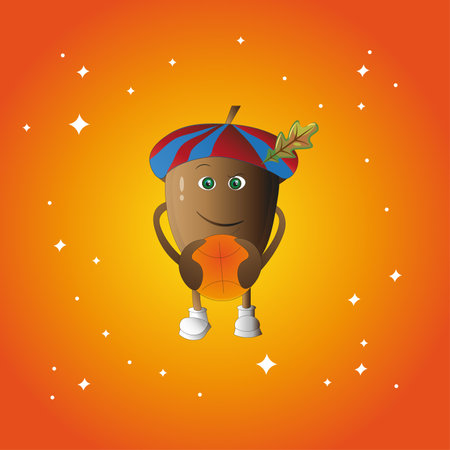 cute acorn with hat on a orange background. vector illustrationのイラスト素材