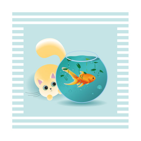 Cute cat and goldfish in a round aquarium. Vector illustration.のイラスト素材