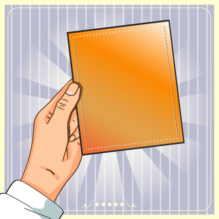 Illustration of a hand holding a blank note paper on a striped backgroundのイラスト素材