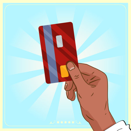 Illustration of a hand holding a credit card with a blue backgroundのイラスト素材