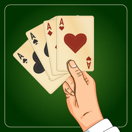 Illustration of a hand holding four aces on a green backgroundのイラスト素材