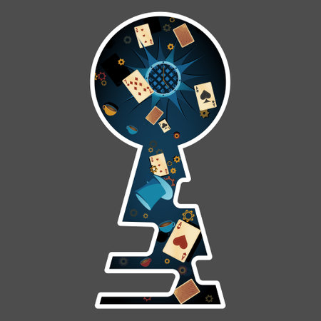 Keyhole with playing cards and chips on dark background, vector illustration