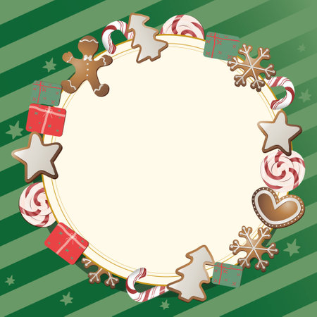 Christmas frame with gingerbread cookies and candy canes. Vector illustration.のイラスト素材