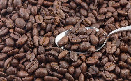 coffee beans and spoon isolated on white backgroundの写真素材