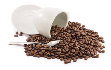 coffee beans and cup  isolated on white backgroundの写真素材