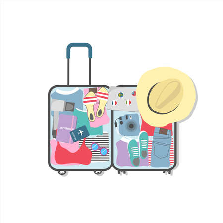 luggage bag, suitcase with traveler accessories, summer travel vacationのイラスト素材