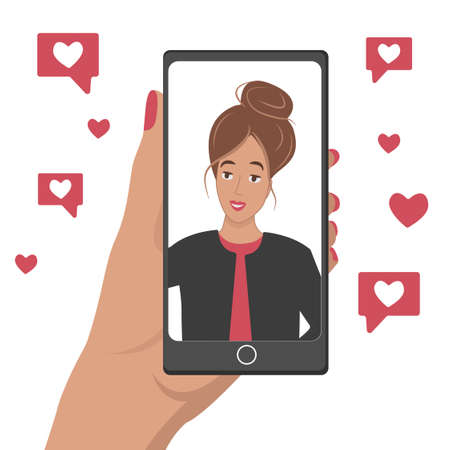 Young woman makes selfie on smart phone. Vector illustration, cartoon styleのイラスト素材