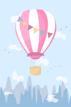 Hot Air Balloon, clouds and mountains. pink and blue colors, children room decoration, posterのイラスト素材