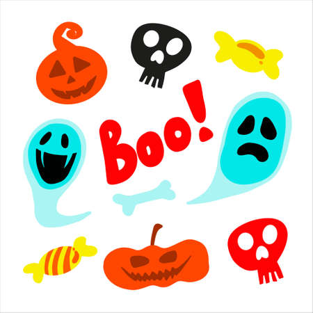 Halloween set of doodle clipart. Funny, cute illustration for seasonal design, textile, decoration kids playroom or greeting card. Hand drawn prints and color halloween elements for celebration.のイラスト素材