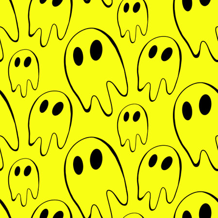 Vector halloween ghost seamless pattern isolated on yellow background. Funny, cute illustration for seasonal design, textile, decoration kids playroom or greeting card. Hand drawn prints and doodle.のイラスト素材