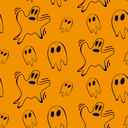 Vector halloween ghost seamless pattern isolated on orange background. Funny, cute illustration for seasonal design, textile, decoration kids playroom or greeting card. Hand drawn prints and doodle.のイラスト素材