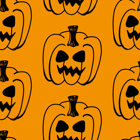 Halloween vector pumpkin seamless pattern isolated on orange background. Funny, cute illustration for seasonal design, textile, decoration kids playroom or greeting card. Hand drawn prints and doodleのイラスト素材