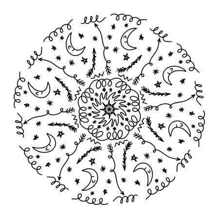 Vector doodle circular mandala pattern for Henna, Mehndi, tattoo, decoration. Decorative ornament in ethnic oriental style. Adult and kids coloring book page. Isolated on white background icon.のイラスト素材