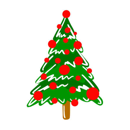Vector hand drawn Christmas tree isolated on white background icon. Funny and cute doodle vintage illustration for seasonal design, textile, decoration for greeting card. Spruce with new year garland.のイラスト素材