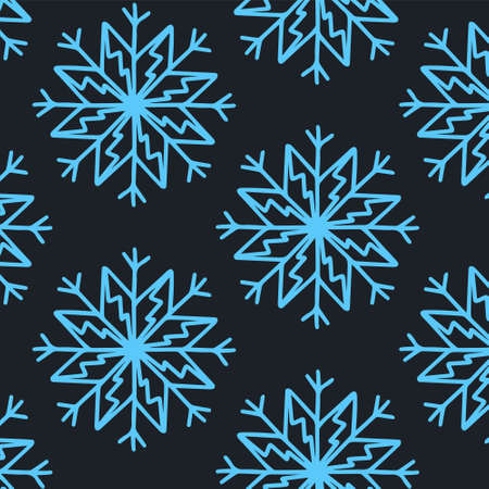 Christmas seamless pattern with snowflakes isolated on dark background. Happy new year wallpaper and wrapper for seasonal design, textile, decoration, greeting card. Hand drawn prints and doodle.のイラスト素材
