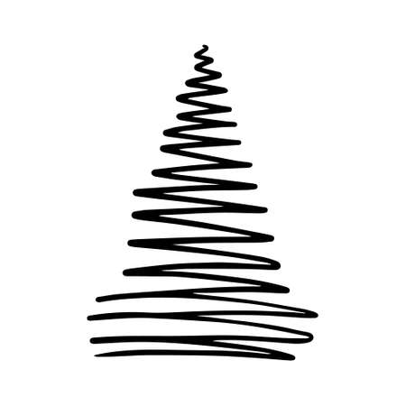 Vector hand drawn Christmas tree isolated on white background icon. Funny abstract doodle vintage illustration for seasonal design, textile, decoration for greeting card. Line art new year Spruce.のイラスト素材