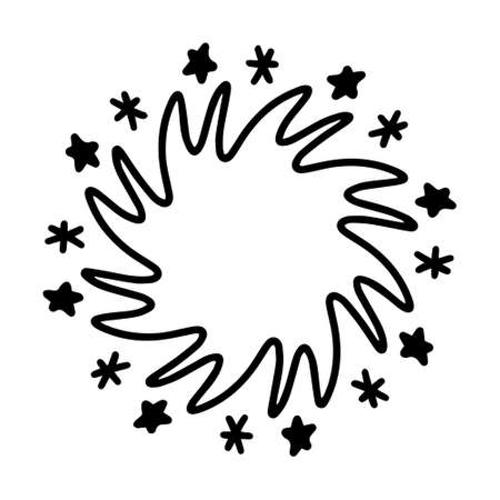 Vector doodle circular mandala curls pattern frame with stars. Decorative ornament in ethnic oriental style for greeting card. Adult and kids coloring book page isolated on white background icon.のイラスト素材