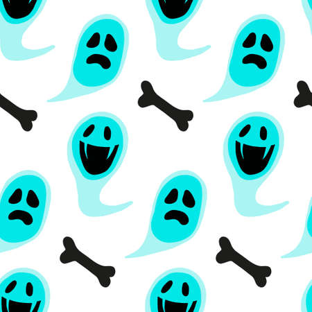 Vector ghost and bones seamless pattern. Halloween scarf isolated on white background. Cartoon illustration for seasonal design, textile, decoration or greeting card. Hand drawn prints and doodle.のイラスト素材
