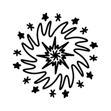 Vector doodle circular mandala curls pattern frame with stars. Decorative ornament in ethnic oriental style for greeting card. Adult and kids coloring book page isolated on white background icon.のイラスト素材