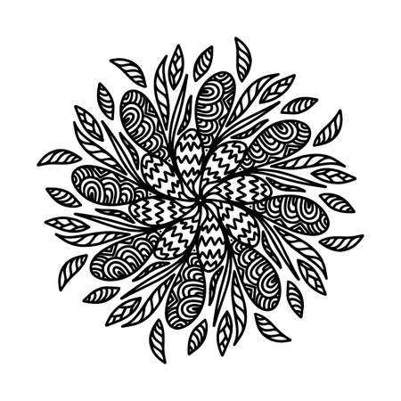 Floral vector mandala with flowers and leaves in doodle style isolated on white background. Funny coloring and cute illustration for seasonal design, textile, decoration kids playroom or greeting cardのイラスト素材