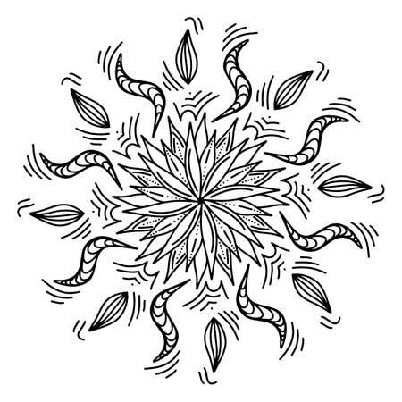 Floral vector mandala with flowers and leaves in doodle style isolated on white background. Funny coloring and cute illustration for seasonal design, textile, decoration kids playroom or greeting cardのイラスト素材