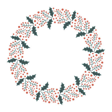 Vector hand drawn Christmas wreath isolated on white background. Decorative doodle mistletoe, round frame. Holly leaves and berry for winter new year design, ornate and greetings. Christmas templateのイラスト素材