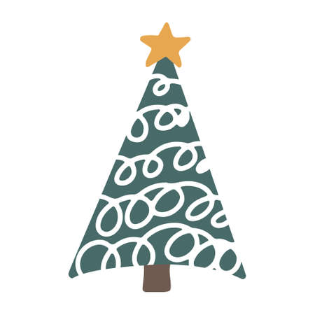 Vector hand drawn Christmas tree isolated on white background icon. Abstract doodle drawing woods. Decorative vintage fir tree for seasonal design, greeting card. Spruce with new year garland and starのイラスト素材