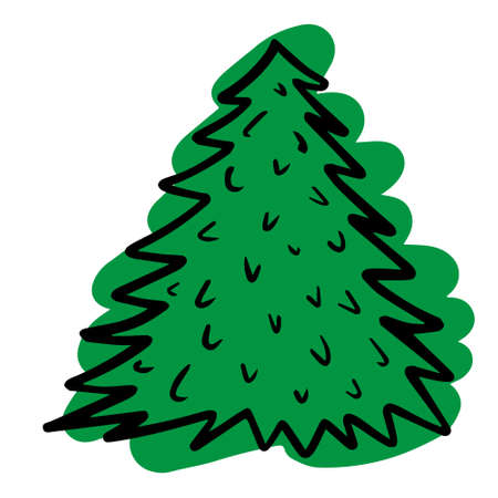 Vector hand drawn Christmas tree isolated on white background icon. Funny abstract doodle vintage illustration for seasonal design, textile, decoration for greeting card. Line art new year Spruce.のイラスト素材