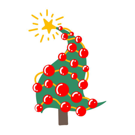 Vector hand drawn Christmas tree isolated on white background icon. Funny and cute doodle vintage illustration for seasonal design, textile, decoration for greeting card. Spruce with new year garland.のイラスト素材