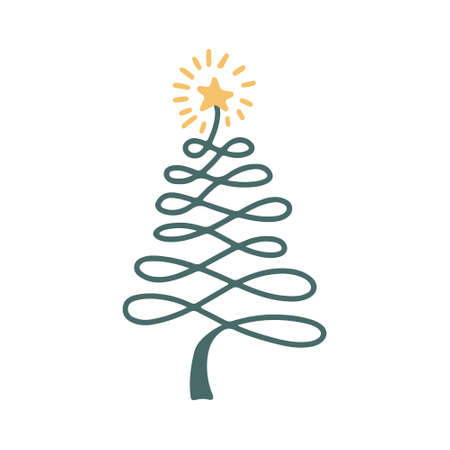Vector hand drawn Christmas tree isolated on white background icon. Abstract doodle drawing woods. Decorative vintage fir tree for seasonal design, greeting card. Scribble spruce with new year garlandのイラスト素材