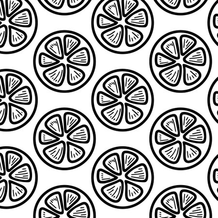 Fresh lemons background, hand drawn icons. Colorful wallpaper vector. Seamless pattern with fresh fruits collection. Decorative illustration, good for printing. Symbol of summer. Doodle style.のイラスト素材