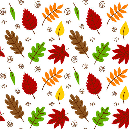 Vector hand drawn Autumn leaves seamless pattern on white background. Decorative doodle leaves. Cartoon scribble leaf icon for wedding design, wrapping, textiles, clothing, ornate and greeting cardsのイラスト素材