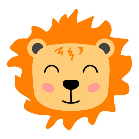 Cute hand drawn lion for kids poster isolated on white background. Funny cartoon lion icon. Vector doodle illustration for posters, cards, t-shirts, textiles, kids book, greeting cards, kids gamesのイラスト素材