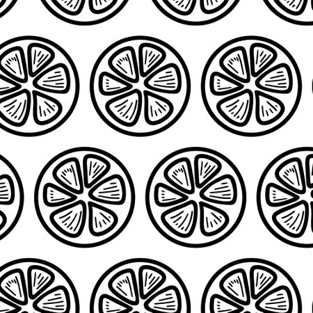 Fresh lemons background, hand drawn icons. Colorful wallpaper vector. Seamless pattern with fresh fruits collection. Decorative illustration, good for printing. Symbol of summer. Doodle style.のイラスト素材