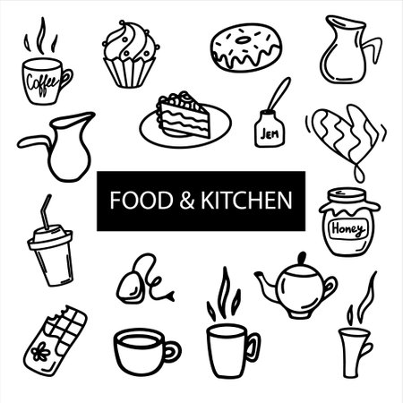 Cartoon set of Tea theme items, objects and symbols. Tool and food collection. Different utensils, delicious sweet food. Hand drawn doodle vector illustration. Muffin, cake, donut, chocolate, coffee.のイラスト素材
