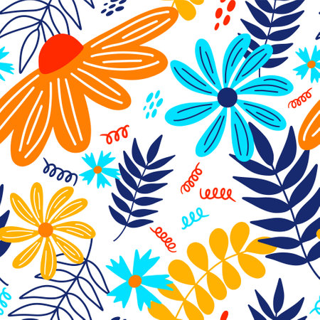 Vector hand drawn summer floral seamless pattern isolated on white background. Doodle leaves and flowers. Cartoon tropical background for wedding design, wrapping, textiles, ornate and greeting cardsのイラスト素材
