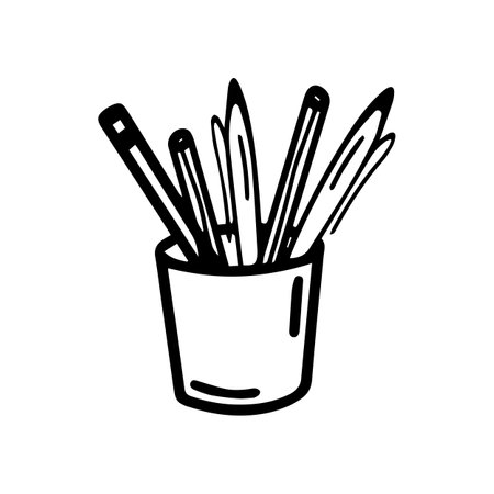 Vector pencil box isolated on white background. Funny and cute illustration for seasonal design, textile, decoration kids playroom or greeting card. Hand drawn prints and doodles. adult coloring page.のイラスト素材